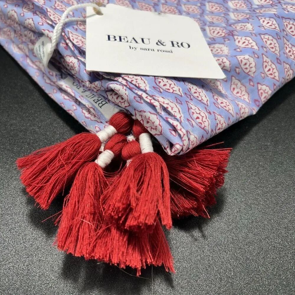 New Beau & Ro Sara Rossi Table Runner Blue Red Tassels 100% Cotton 42